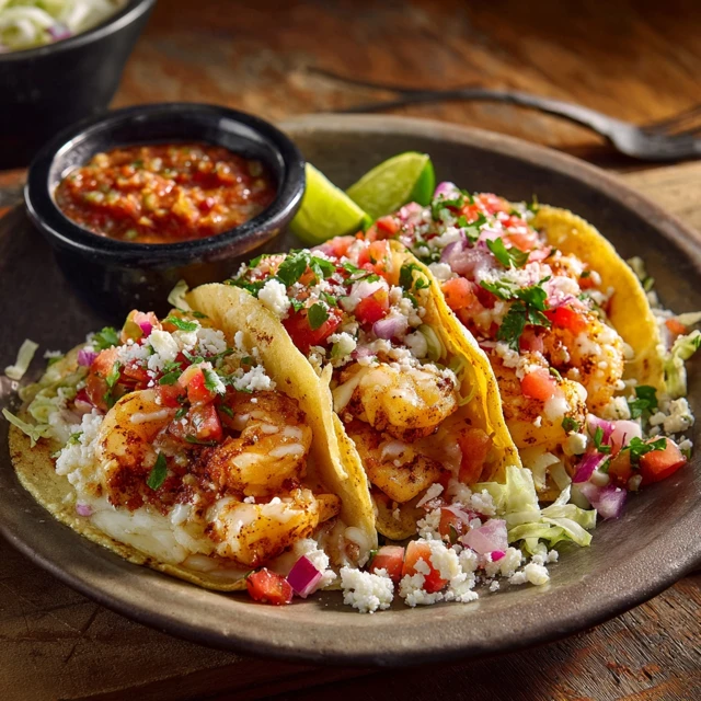 Shrimp Tacos with Cheese Pico de Gallo and Special Sauce