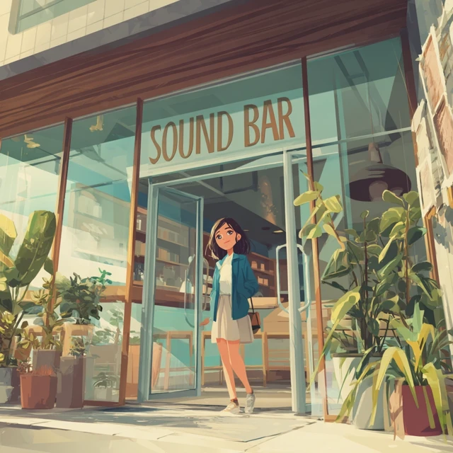 Japanese Woman Enters Sound Bar Cafe Smiling