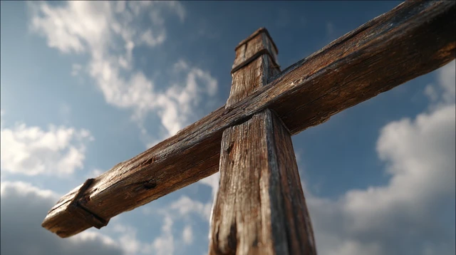 Wooden Cross Portrait with Sky and Clouds