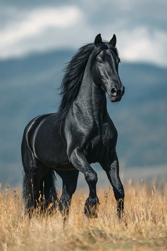 Black Friesian Horse in Grassland Stunning Photography
