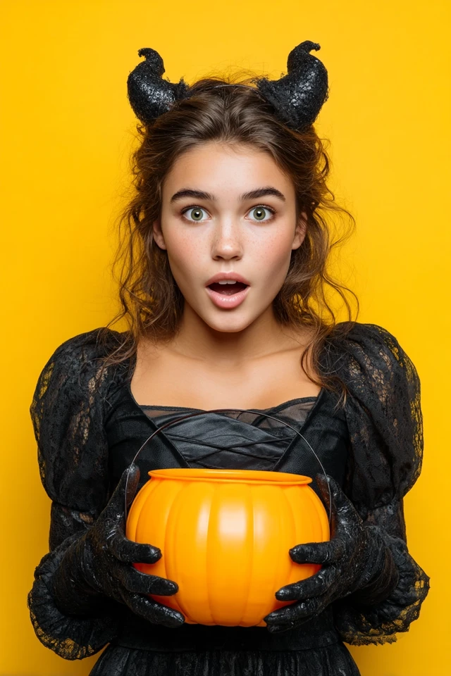 Teen Girl in Halloween Costume with Pumpkin Bucket