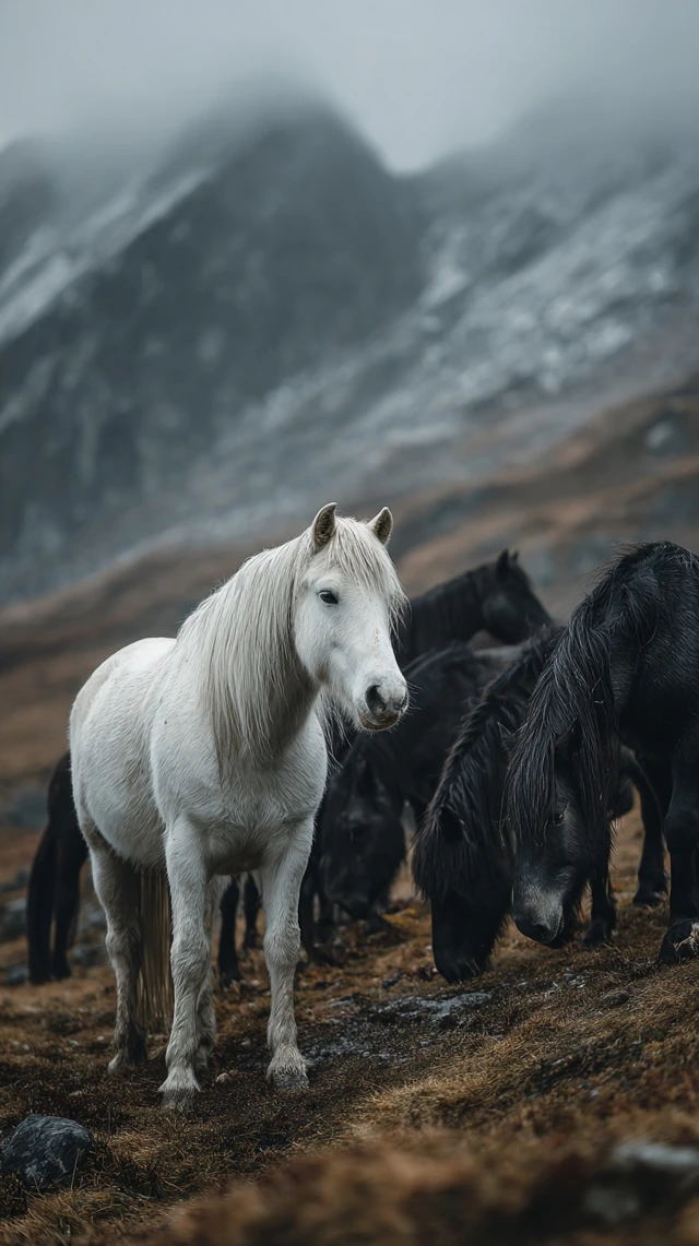 Horses on a Mountain Slope Misty Moody Atmosphere