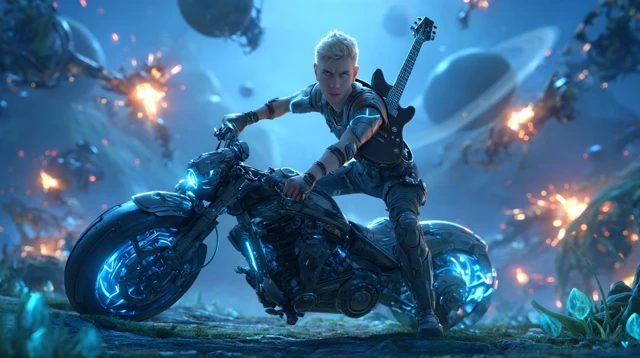 Futuristic Warrior on Motorbike Alien Planet 3D Render