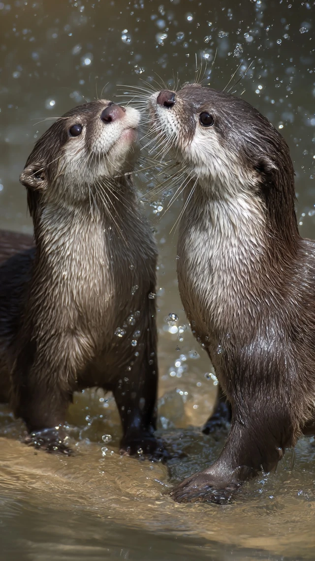 Two Adorable Otters Playing HD Wallpaper