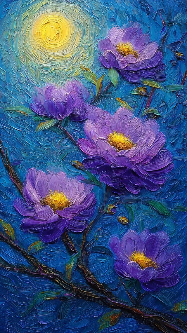 Purple Peonies Oil Painting in Van Gogh Style
