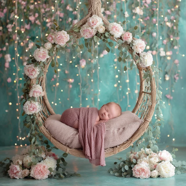 Newborn Baby Sleeping in Floral Swing Portrait