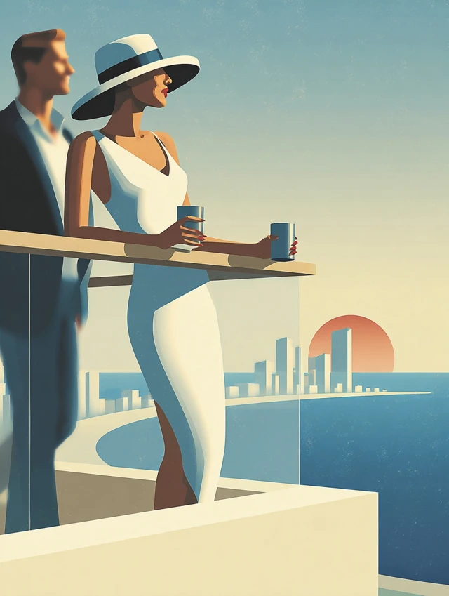 Balcony Sunset Couple with Coffee Minimal Illustration