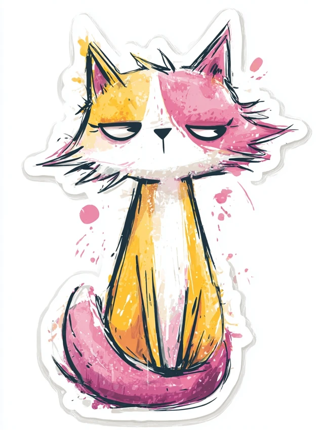 Cute Cartoon Cat Sticker in Pink and Yellow Colors
