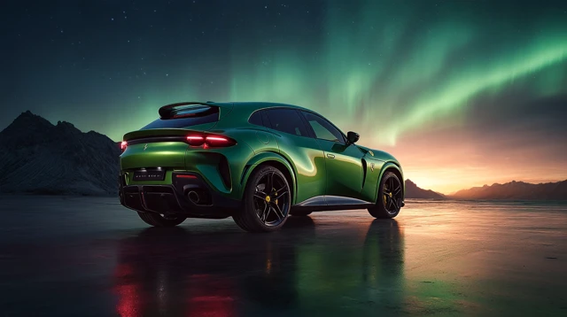 Emerald Ferrari Purosangue SUV Under Aurora Borealis
