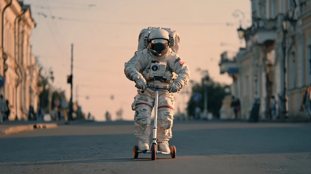 Astronaut on Scooter Golden Hour Fun 4K
