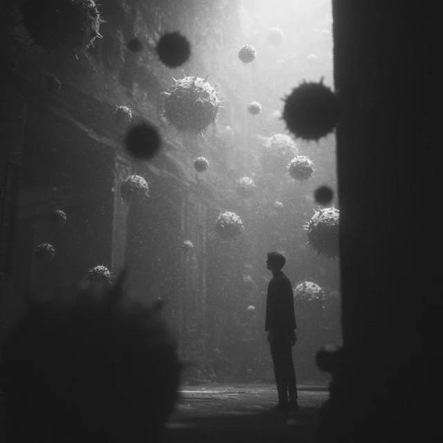 Surreal Scene Man Gazing at Abstract Forms