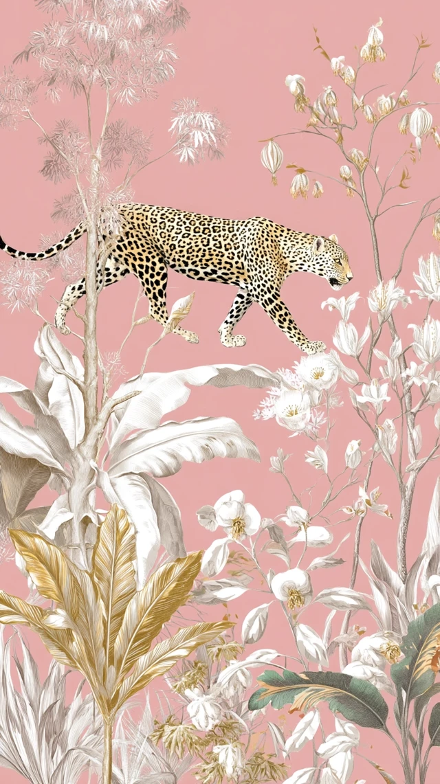 Leopard in Pink Botanical Jungle Art