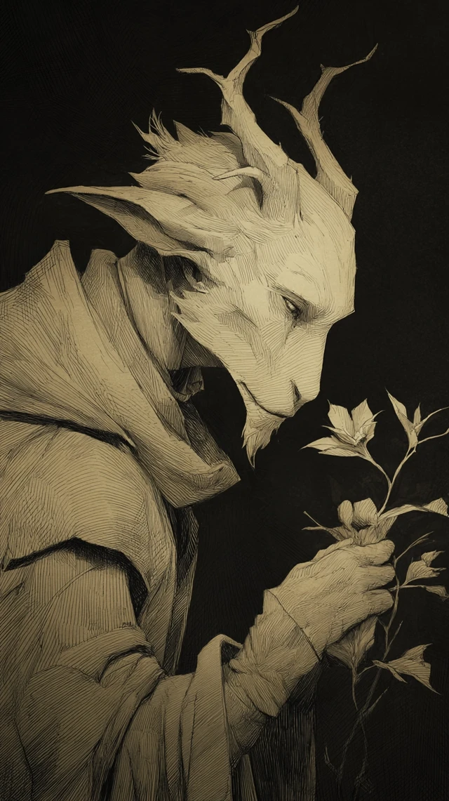 Forest Creature with Antlers and Flowers Art