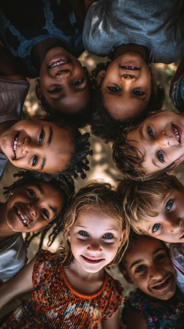 Diverse Kids Smiling in a Circle Top Down View