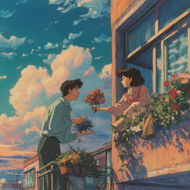 Anime Balcony Romance Flowers