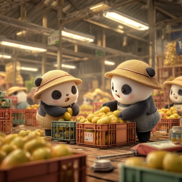 Panda Fruit Farmers Sorting Lychee in a Warehouse
