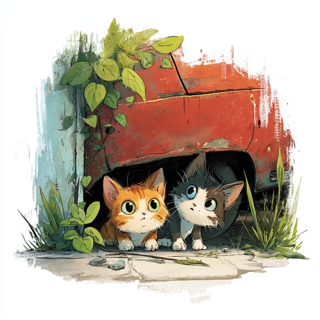 Cute Kittens Hiding Under a Car Hand Painted