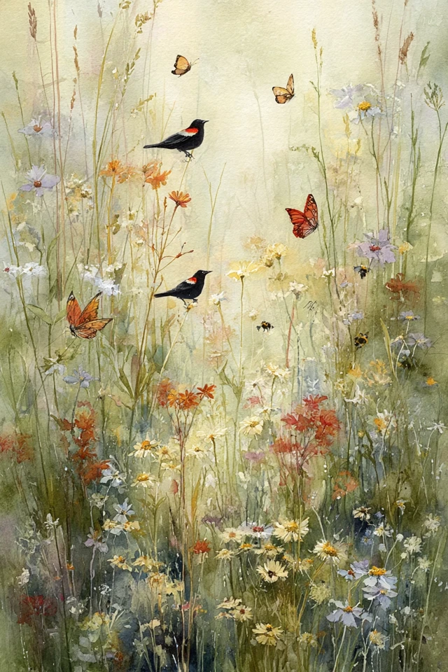 Watercolor Grassy Field with Wildflowers and Birds