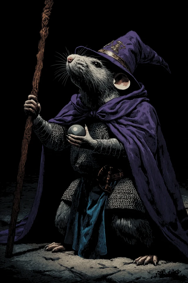 Rat Wizard in Armor Medieval Woodcut Illustration