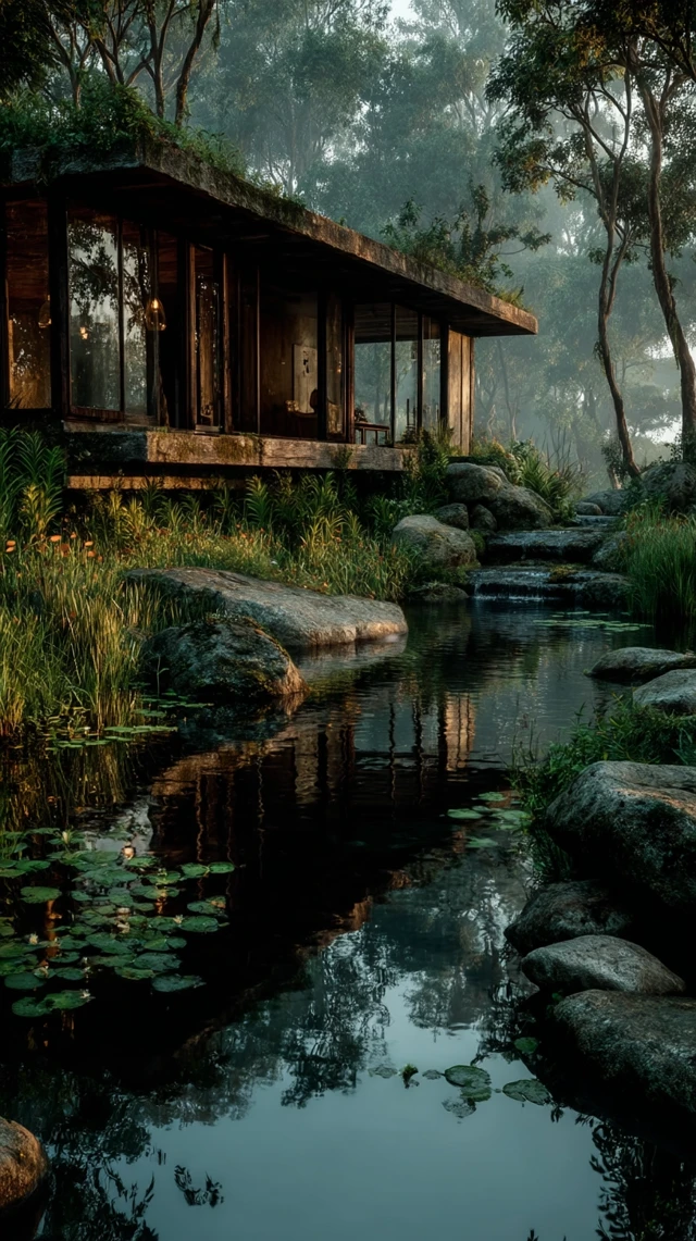 Minimalist Wooden Villa Reflection on Hidden Lake