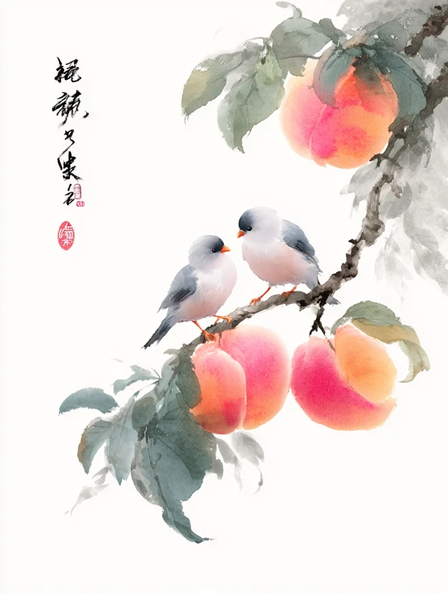 Chinese Ink Painting Birds and Peaches