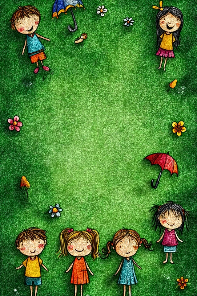 Childs Playful Sketch with Flowers and Children