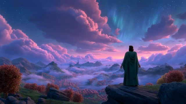 Mystical Figure Overlooking Apple Tree Valley