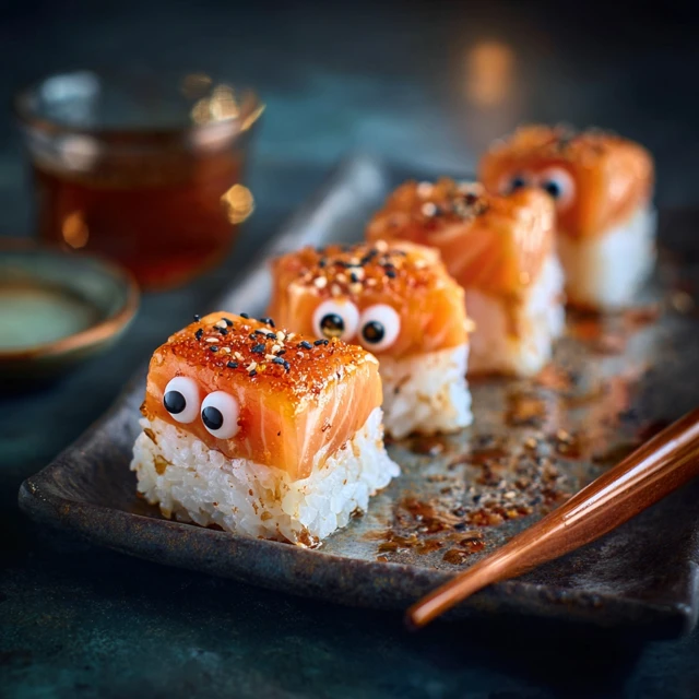 Spicy Salmon Sushi with Googly Eyes Food Photography