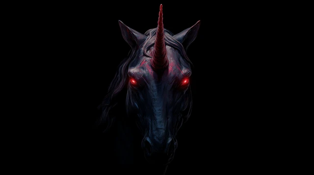 Black Unicorn Head Shot with Red Glowing Horn and Eyes