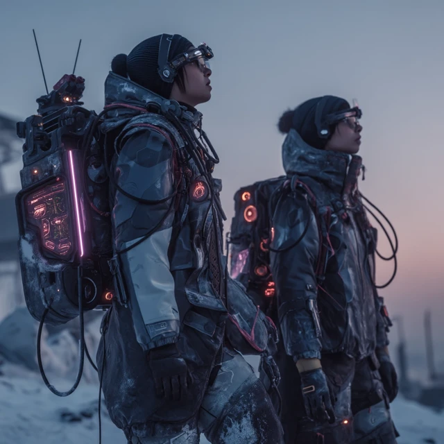 Cyberpunk Arctic Explorers on Neon Mountain Peak