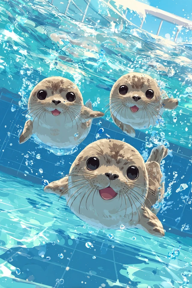 Adorable Anime Seals Swimming in Pool for Jersey Design