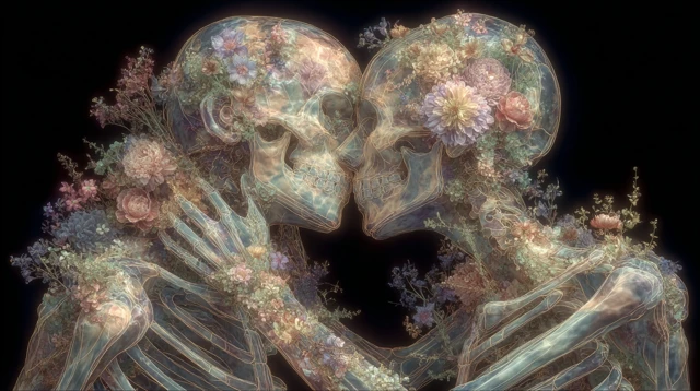Floral Kiss of Skulls Surreal Romantic Art