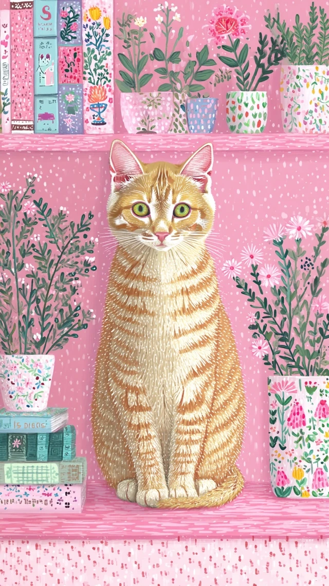 Happy Tabby Cat Folk Art Illustration