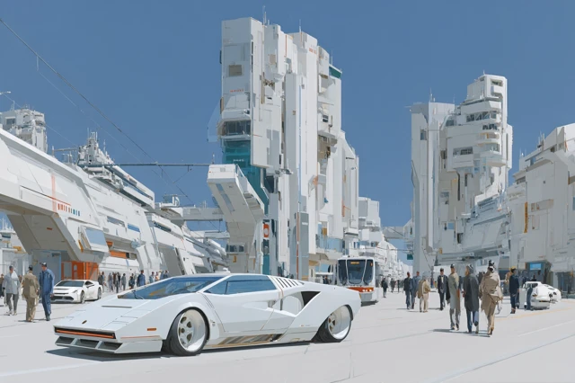 Futuristic LA Oil Painting Sci Fi City Cars and People