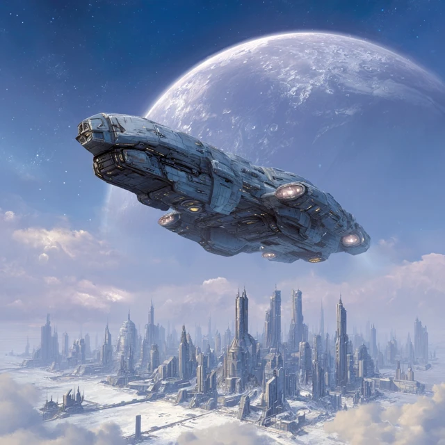 Halo Pillar of Autumn Starship over Futuristic Moon City