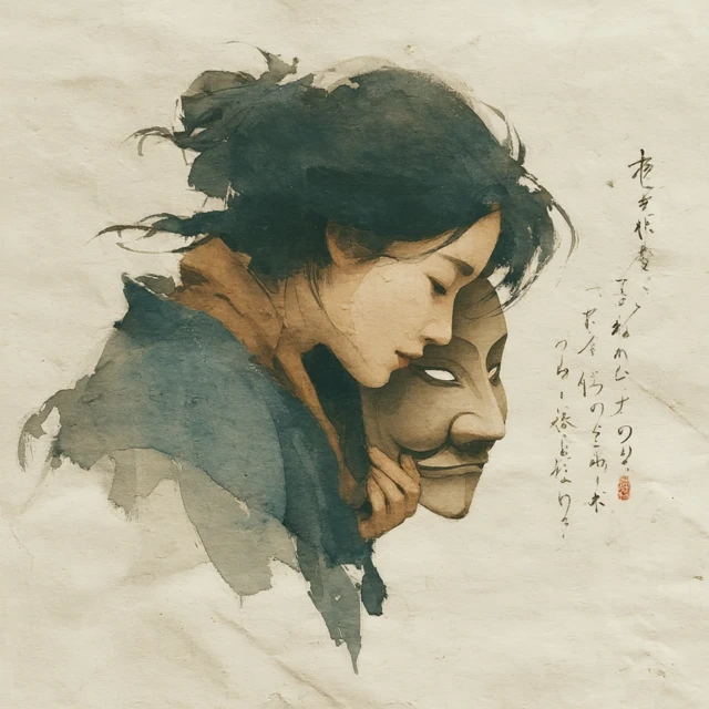 Japanese Sumi-e Watercolor: Woman with Noh Mask