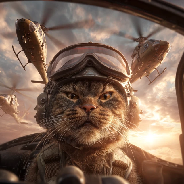 Angry Cat Pilot in Helicopter Action Scene