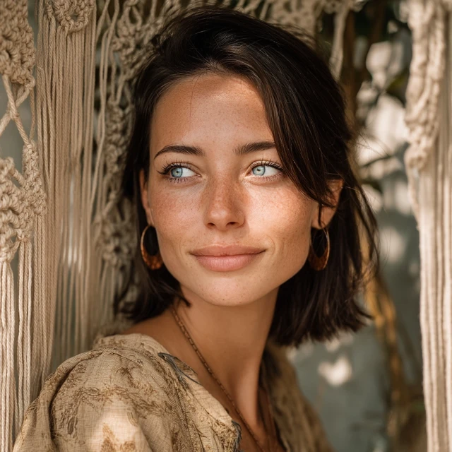 Beautiful Woman with Blue Eyes Boho Portrait