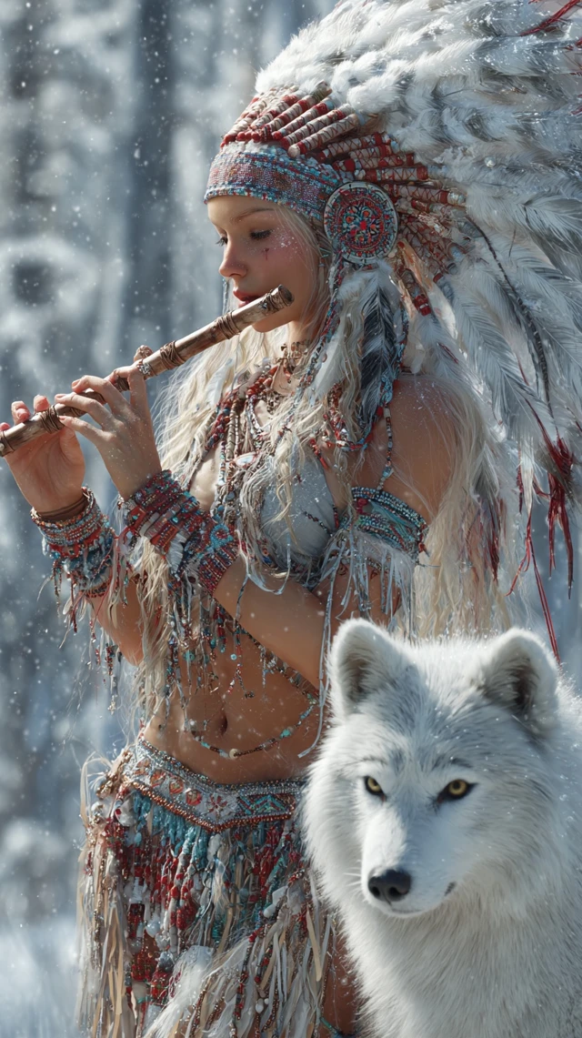 Native American Woman with Wolf in Snowy Forest