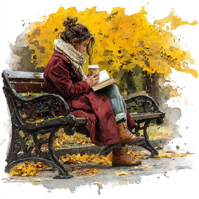 Autumn Reading Woman on Bench Watercolor Art