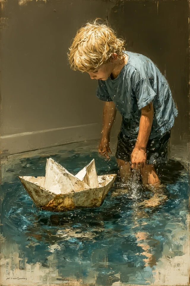 Dark Fantasy Boy and Paper Boat Painting