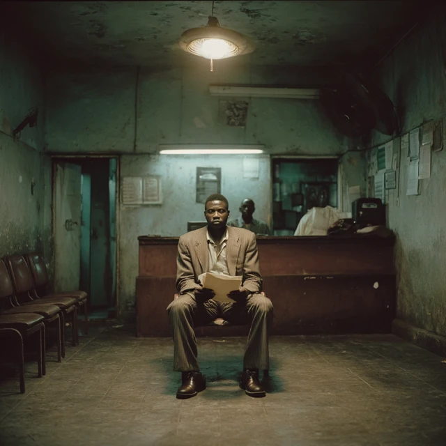 Nigerian Man in Dusty Lagos Office Waiting Room