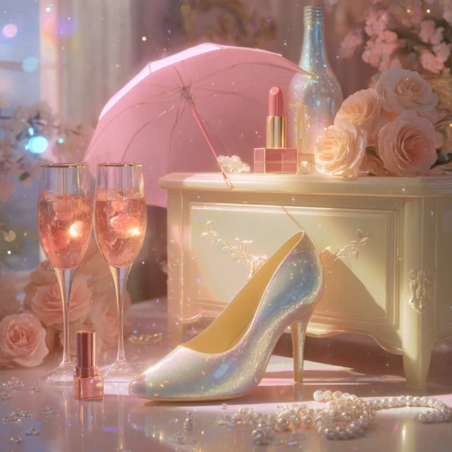 Luxury Scene Champagne Shoe Roses Pearls