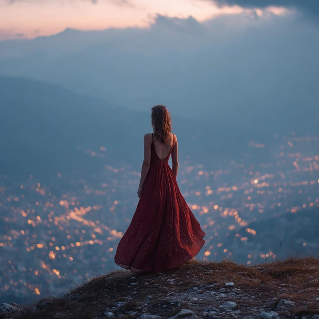 Woman in Evening Dress Overlooking City