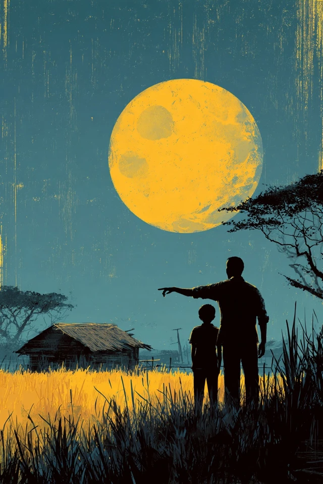 Father and Son Moonlit Village Illustration
