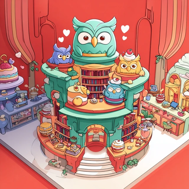 Kawaii Owl Library Dessert Shop Cartoon