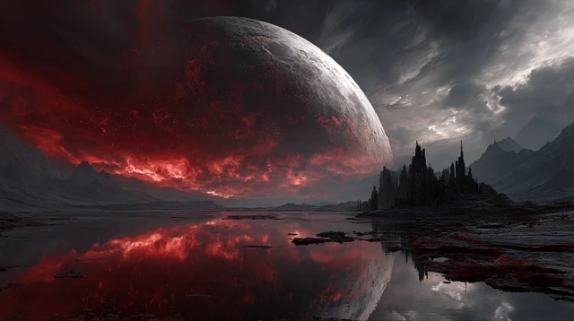 Surreal Alien Landscape with Crimson Moon Concept Art
