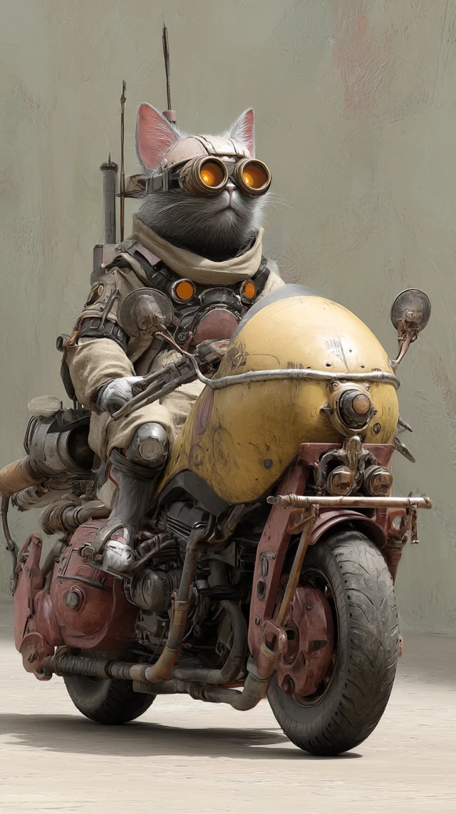 Futuristic Cat on Motorcycle Cyberpunk Illustration