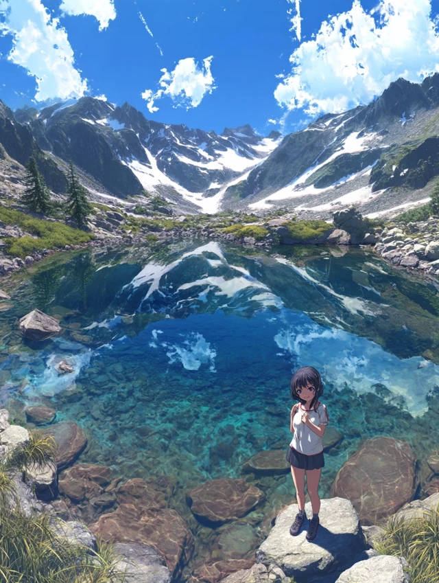 Anime Girl at Alpine Lake Scenic View