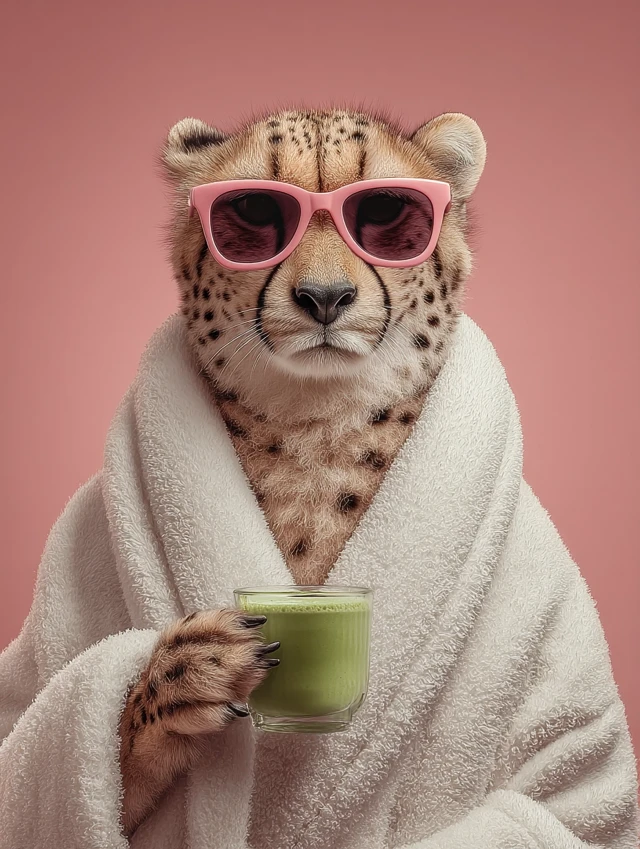 Cheetah in Sunglasses and Robe Relaxing with Matcha